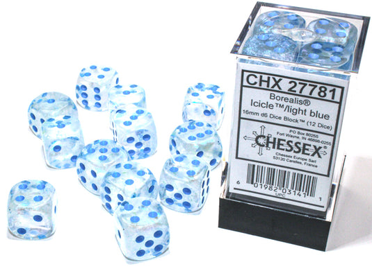 Chessex - ens. 12D6 16mm- Borealis Icicle/Light Blue Luminary