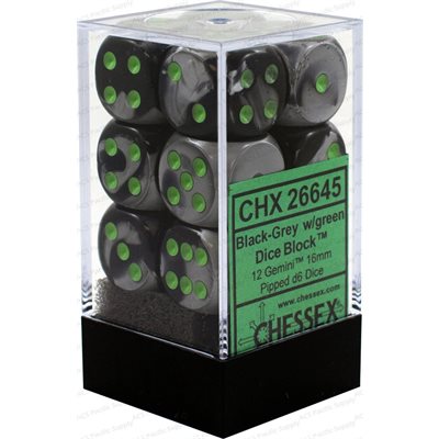 Chessex - ens. 12D6 16mm- Gemini Black-Grey / Green