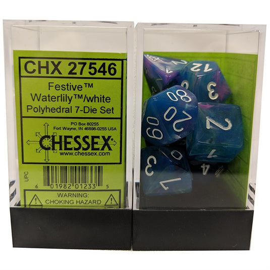 Chessex - ens. 7 dés- Festive: Waterlily/White
