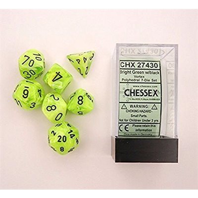 Chessex - ens. 7 dés- Vortex: Bright Green/Black